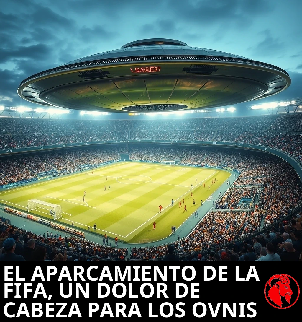 Un platillo volador suspendido a baja altura sobre un estadio de fútbol moderno y abarrotado durante un partido lleno. Pie de foto: El aparcamiento de la FIFA, un auténtico quebradero de cabeza para los OVNIs