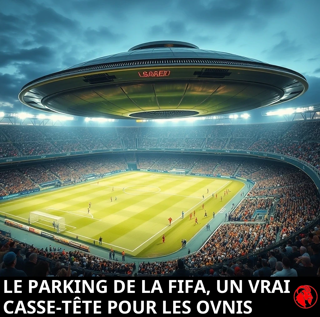 Une soucoupe volante stationnant à basse altitude au-dessus d'un stade de football moderne et bondé pendant un match comble. Légende : Le parking de la FIFA, un vrai casse-tête pour les OVNIs.