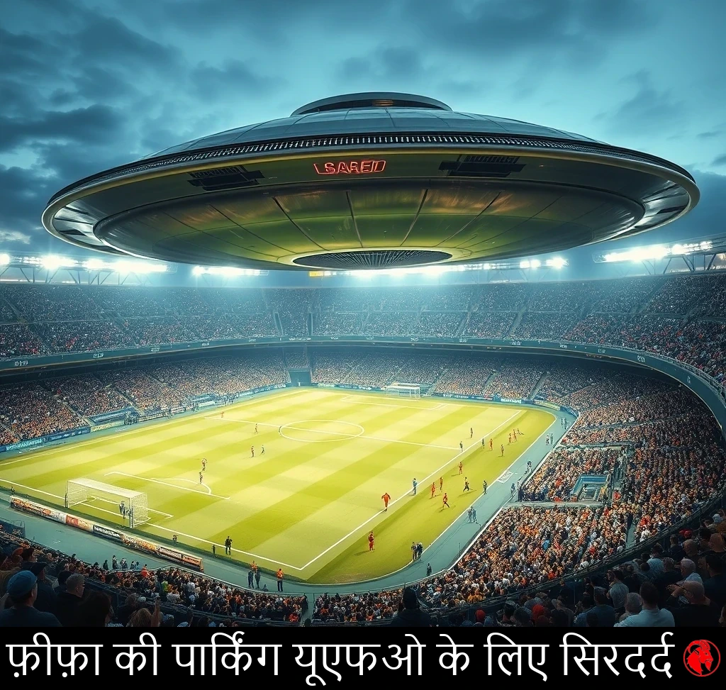 एक खचाखच भरे मैच के दौरान, भीड़भाड़ वाले आधुनिक फ़ुटबॉल स्टेडियम के ठीक ऊपर नीचे मँडराती एक उड़न तश्तरी। कैप्शन: FIFA की पार्किंग UFO के लिए सचमुच एक सिरदर्द।