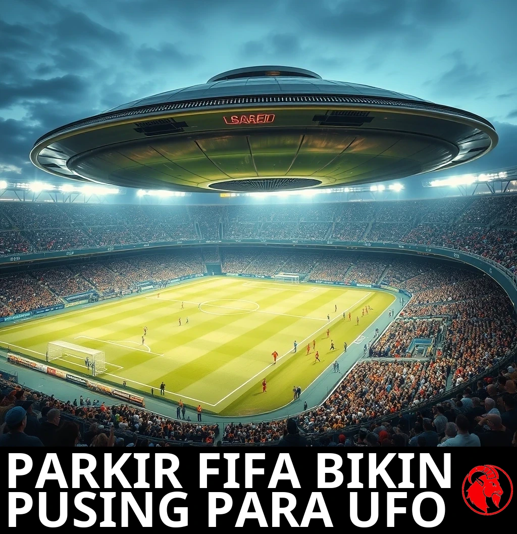 Sebuah piring terbang melayang rendah di atas stadion sepak bola modern yang padat saat pertandingan penuh sesak. Keterangan: Parkir FIFA jadi sakit kepala betulan bagi UFO.