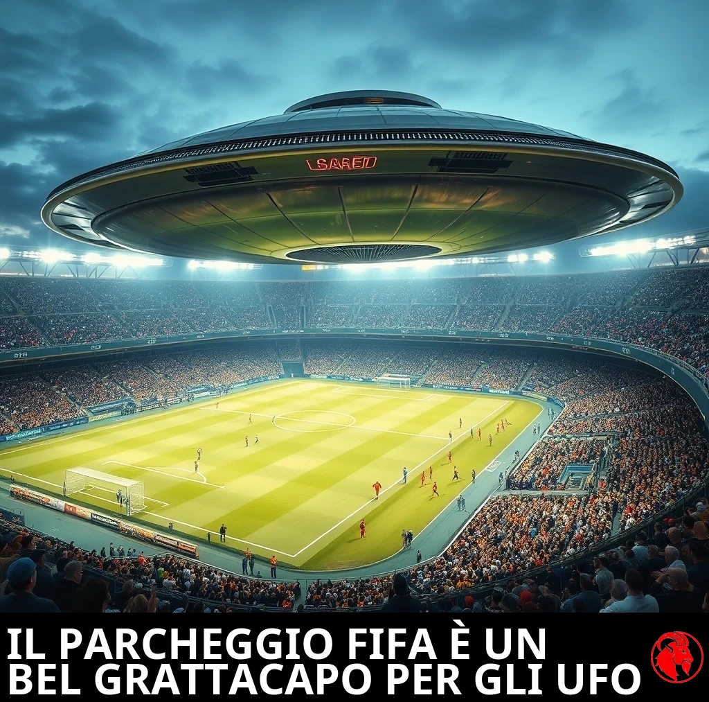 Un disco volante in volo radente sopra un affollato stadio di calcio moderno durante una partita gremita. Didascalia: Per gli UFO il parcheggio FIFA &egrave; un vero grattacapo