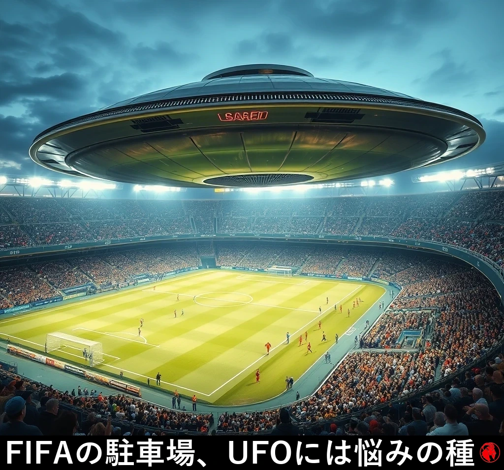 満員の試合中、混み合った現代のサッカースタジアムの真上を低く旋回する空飛ぶ円盤。キャプション：FIFA、UFOにとって駐車がまさに頭痛のタネに。