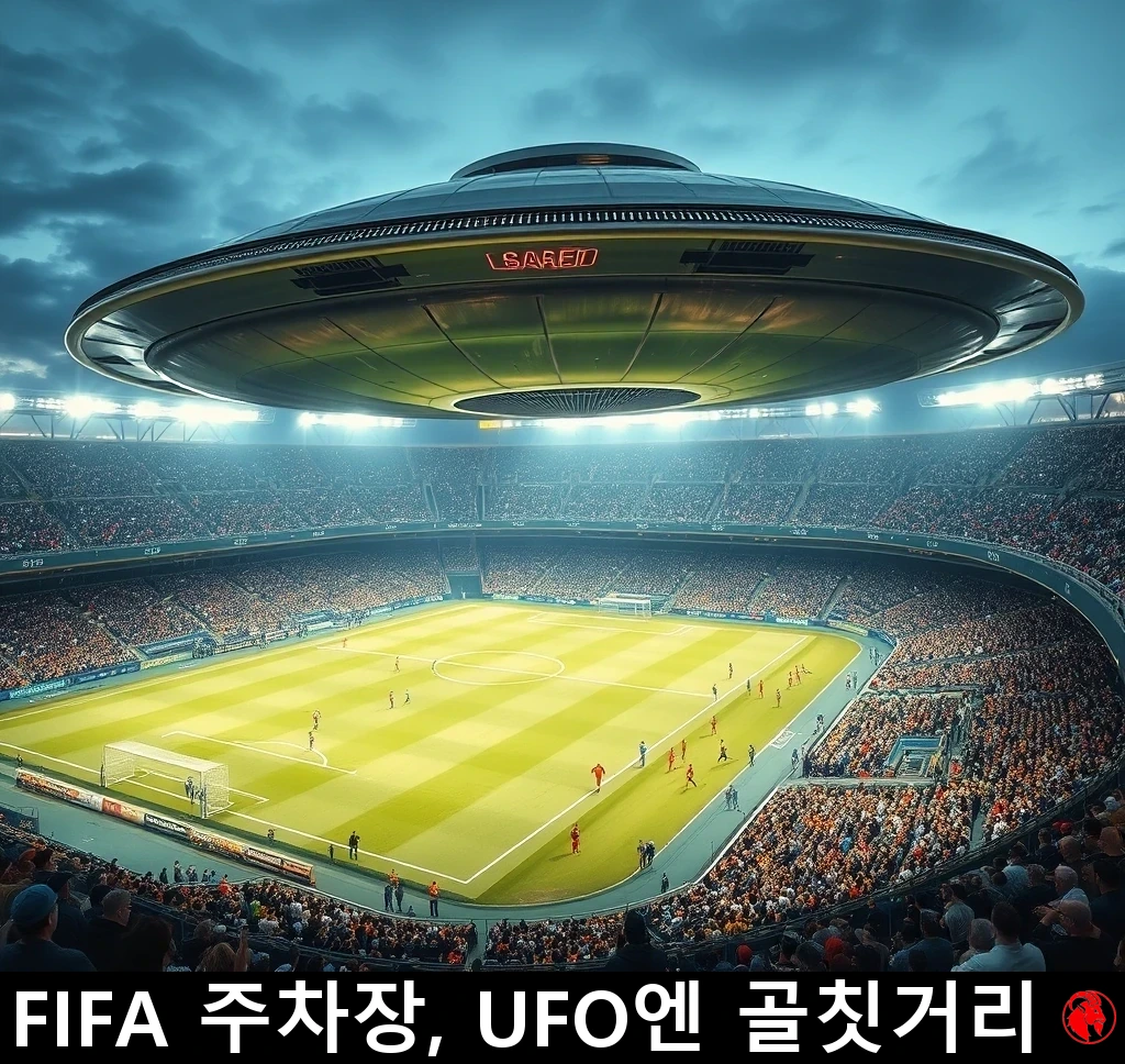 만원 관중 경기 도중, 붐비는 현대식 축구 경기장 위에 비행접시 한 대가 낮게 떠 있다. 캡션: UFO에게는 FIFA 주차가 진짜 골칫거리다.