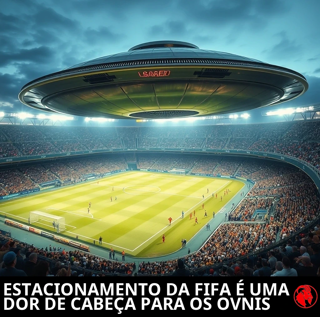 Um disco voador pairando baixo sobre um estádio de futebol moderno e lotado durante uma partida cheia. Legenda: Estacionamento da FIFA virou uma baita dor de cabeça para os OVNIs