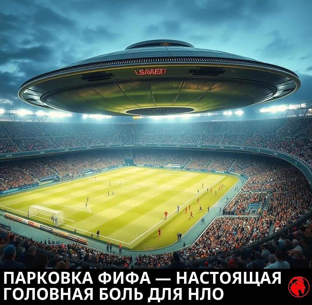 Летающая тарелка низко зависла над переполненным современным футбольным стадионом во время аншлагового матча. Подпись: Парковка от ФИФА &mdash; настоящая головная боль для НЛО.