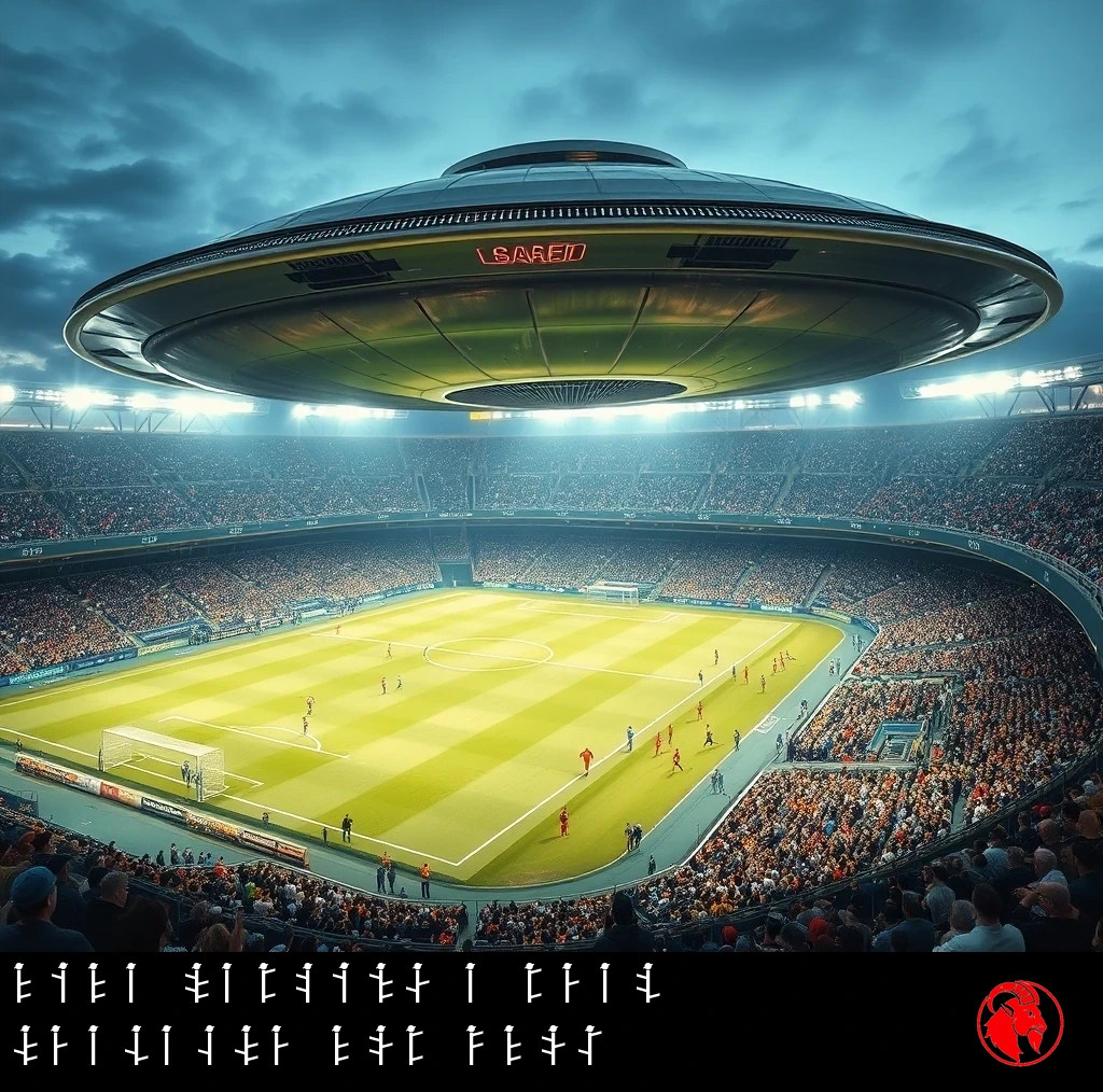 A flying saucer hovering low over a crowded modern soccer stadium during a packed match. Caption: FIFA parking a real headache for UFOs