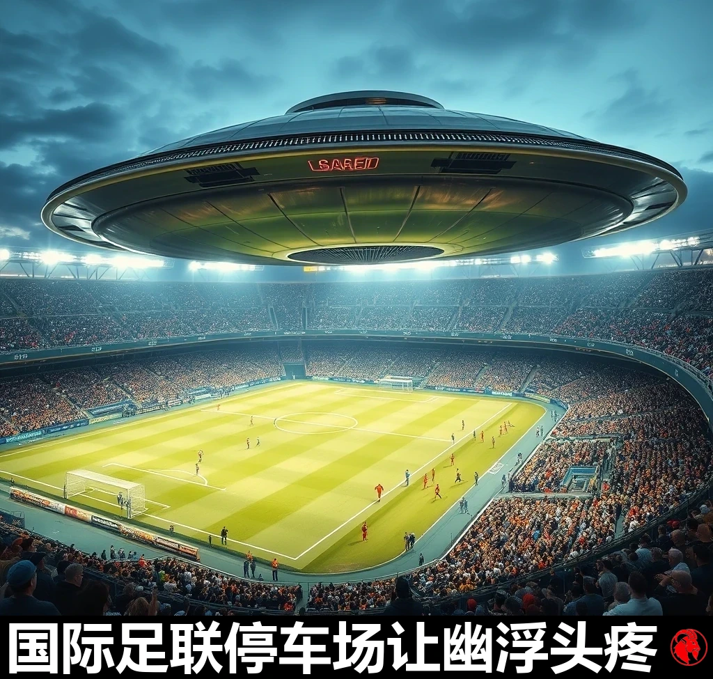 一架飞碟在一座挤满观众的现代足球场上空低空悬停，场内正进行着一场满座的比赛。说明文字：国际足联的停车问题，让 UFO 大为头疼。
