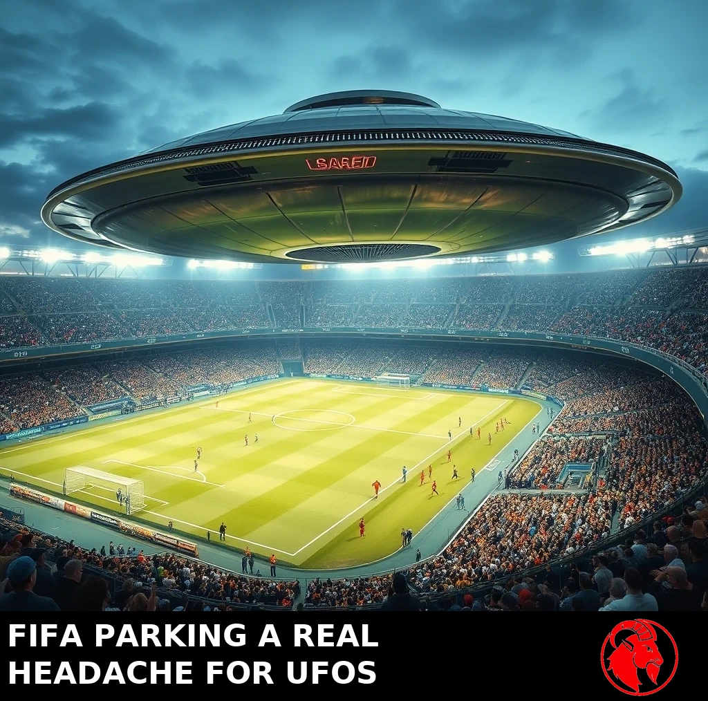 A flying saucer hovering low over a crowded modern soccer stadium during a packed match. Caption: FIFA parking a real headache for UFOs