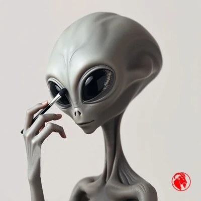 A classic grey alien with enormous black eyes applying eyeshadow with a makeup brush