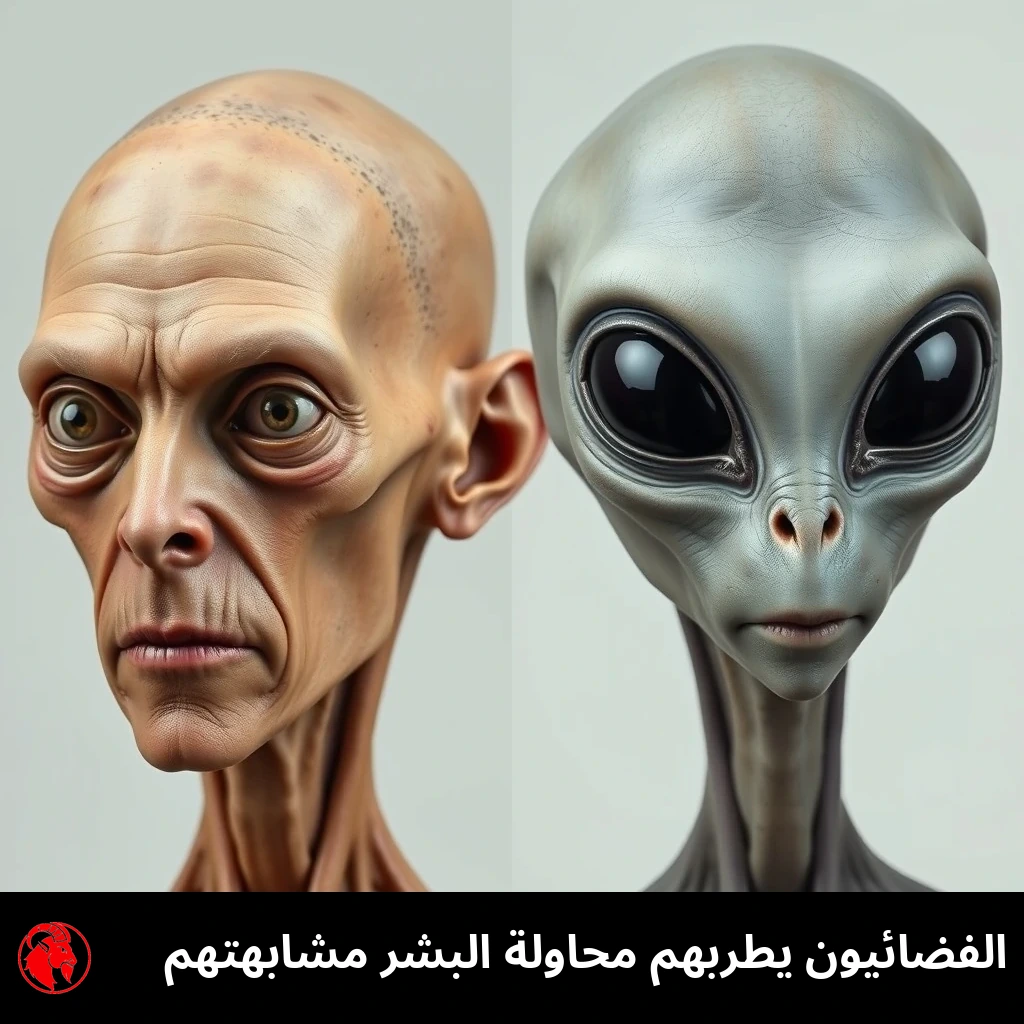 مقارنة منقسمة: بشريّ هزيل بوجنتين غائرتين من أثر أوزيمبيك وجراحة عيون الثعلب الفاشلة، إلى جانب كائن فضائي رمادي وادع كبير العينين. التعليق: الكائنات الفضائية تتملّقها محاولات التشبّه بها.