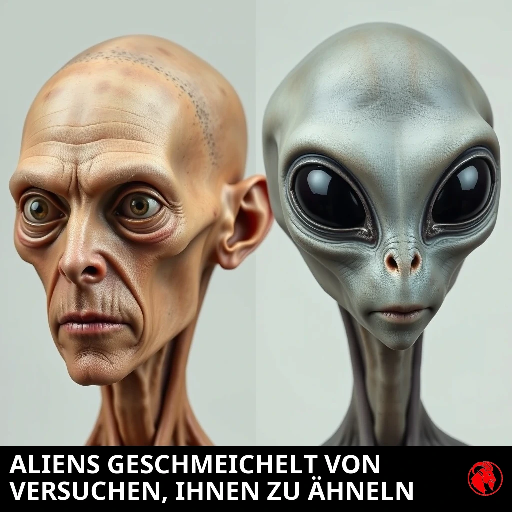 Geteilter Vergleich: ein ausgemergelter Mensch mit eingefallenen Ozempic-Wangen und verpfuschter Fox-Eye-Operation neben einem gelassenen großäugigen grauen Außerirdischen. Bildunterschrift: Außerirdische geschmeichelt von den Versuchen, wie sie auszusehen.