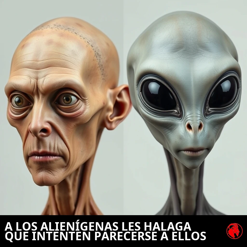 Comparación dividida: un humano demacrado con mejillas hundidas de cara-Ozempic y una cirugía de ojos de zorro mal hecha junto a un sereno alienígena gris de ojos grandes. Pie de foto: Los alienígenas, halagados por los intentos de parecerse a ellos