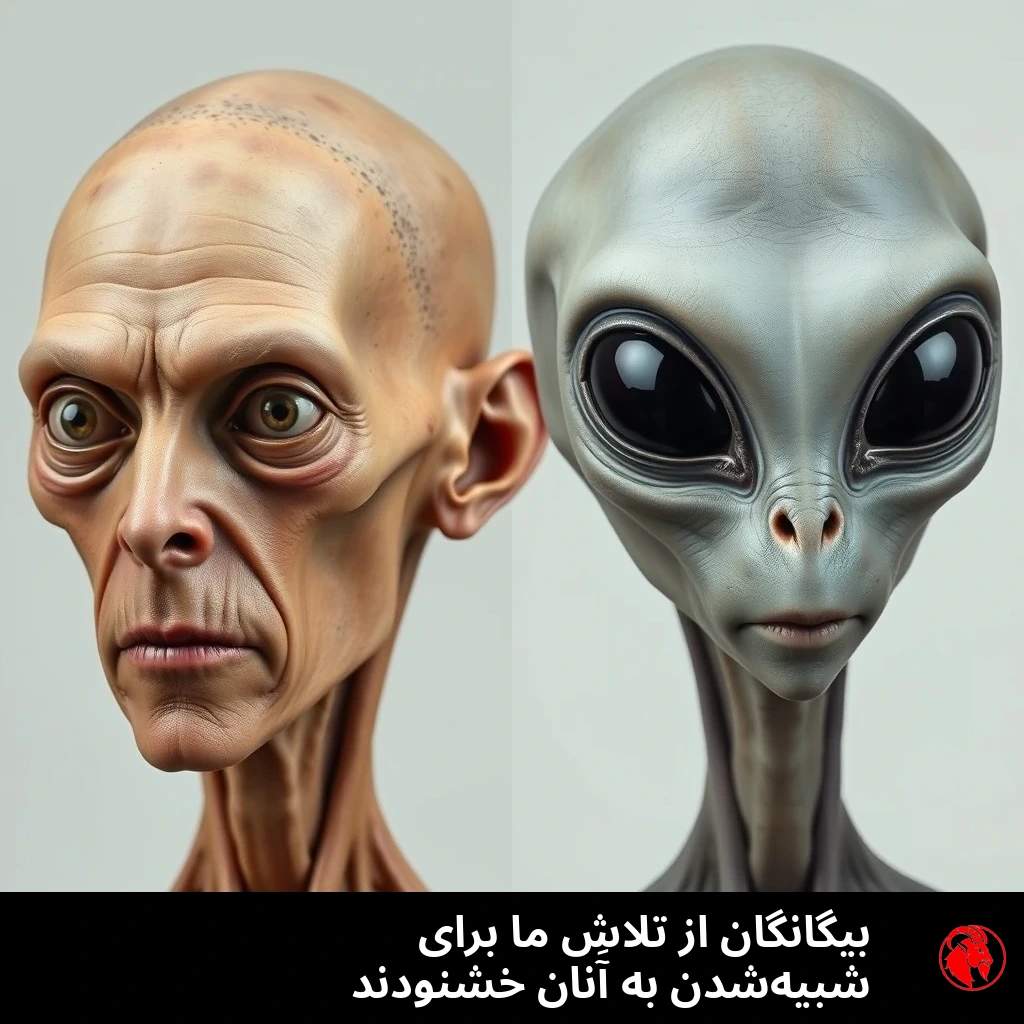 مقایسه‌ی دوتکه: یک انسانِ نزار با گونه‌های فرورفته‌ی «صورتِ اوزمپیک» و جراحیِ خراب‌شده‌ی «چشمِ روباهی»، در کنارِ یک بیگانه‌ی خاکستریِ آرام با چشمانِ درشت. زیرنویس: بیگانگان از تلاش‌ها برای شبیهِ آن‌ها شدن، احساسِ غرور می‌کنند