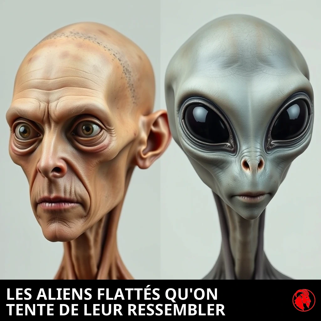Comparaison côte à côte : un humain émacié aux joues creusées par l'Ozempic et à la chirurgie des yeux de renard ratée, à côté d'un alien gris serein aux grands yeux. Légende : Les aliens flattés par les tentatives de leur ressembler.
