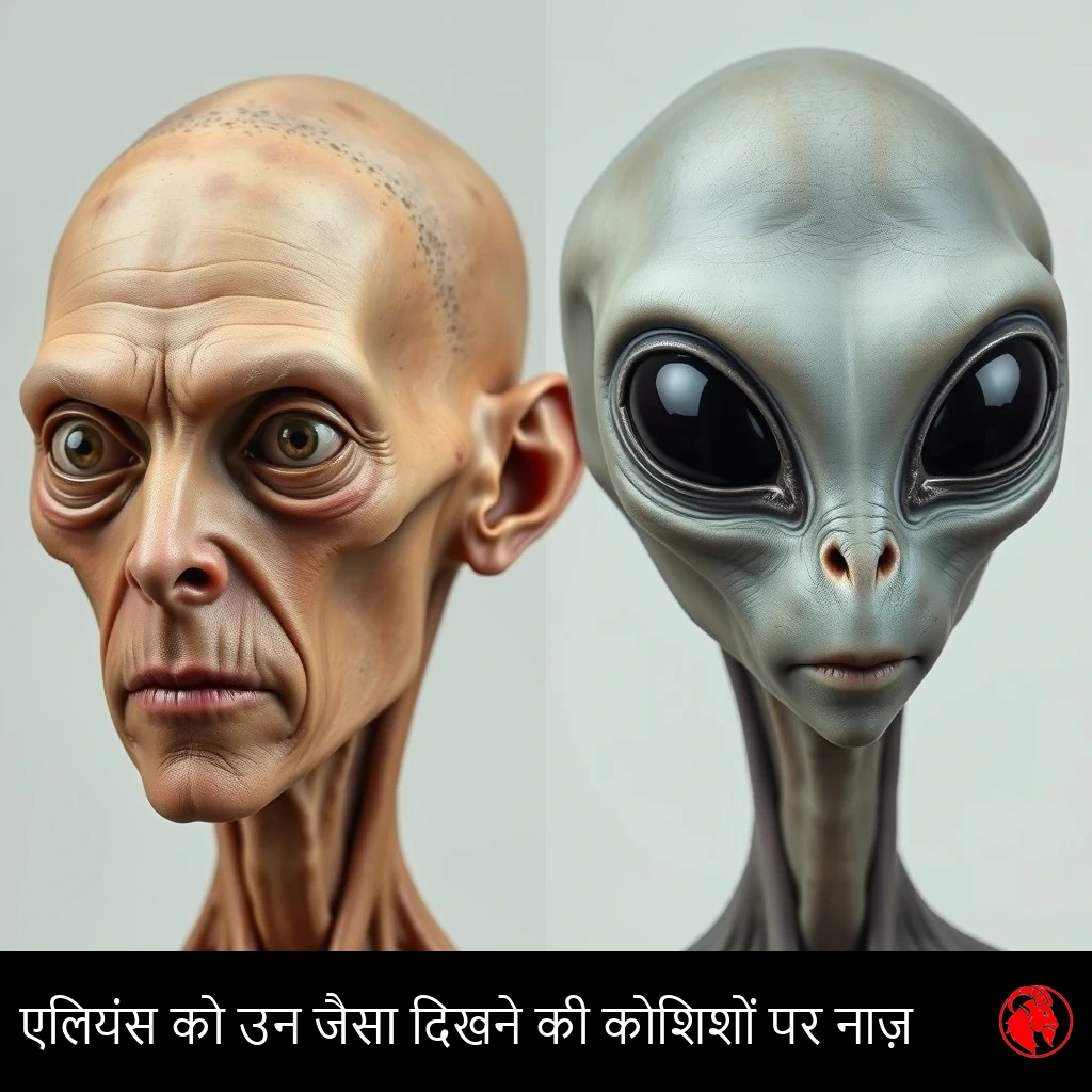 आमने-सामने की तुलना: एक दुबला-पतला इंसान, धँसे हुए Ozempic-चेहरे वाले गालों और बिगड़ी हुई फ़ॉक्स-आई सर्जरी के साथ, और उसके बग़ल में एक शांत, बड़ी आँखों वाला धूसर एलियन। कैप्शन: एलियन इस बात पर मुग्ध कि लोग उनके जैसा दिखने की कोशिश कर रहे हैं।