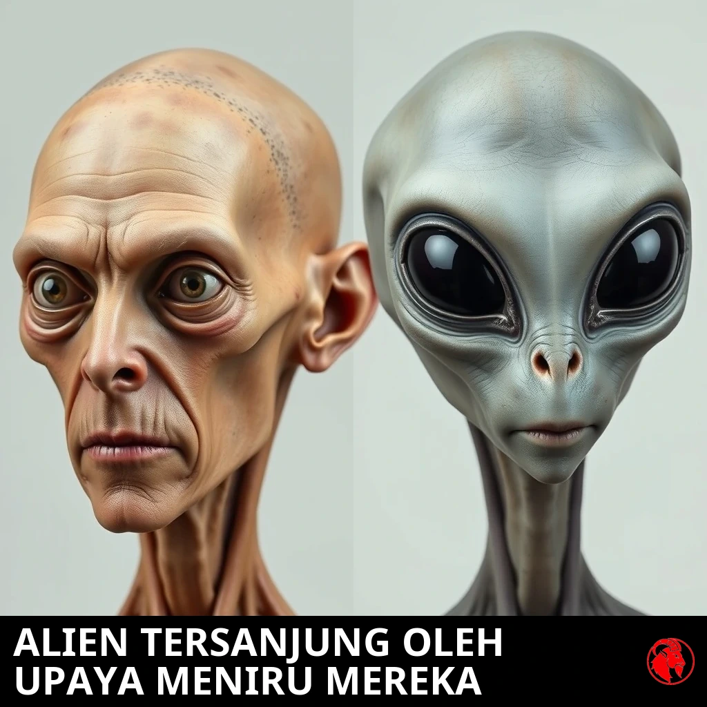 Perbandingan terbelah: seorang manusia kurus dengan pipi cekung khas wajah Ozempic dan operasi mata rubah yang gagal, di samping seorang alien abu-abu bermata besar yang tenang. Keterangan: Alien tersanjung oleh upaya manusia untuk meniru rupa mereka.