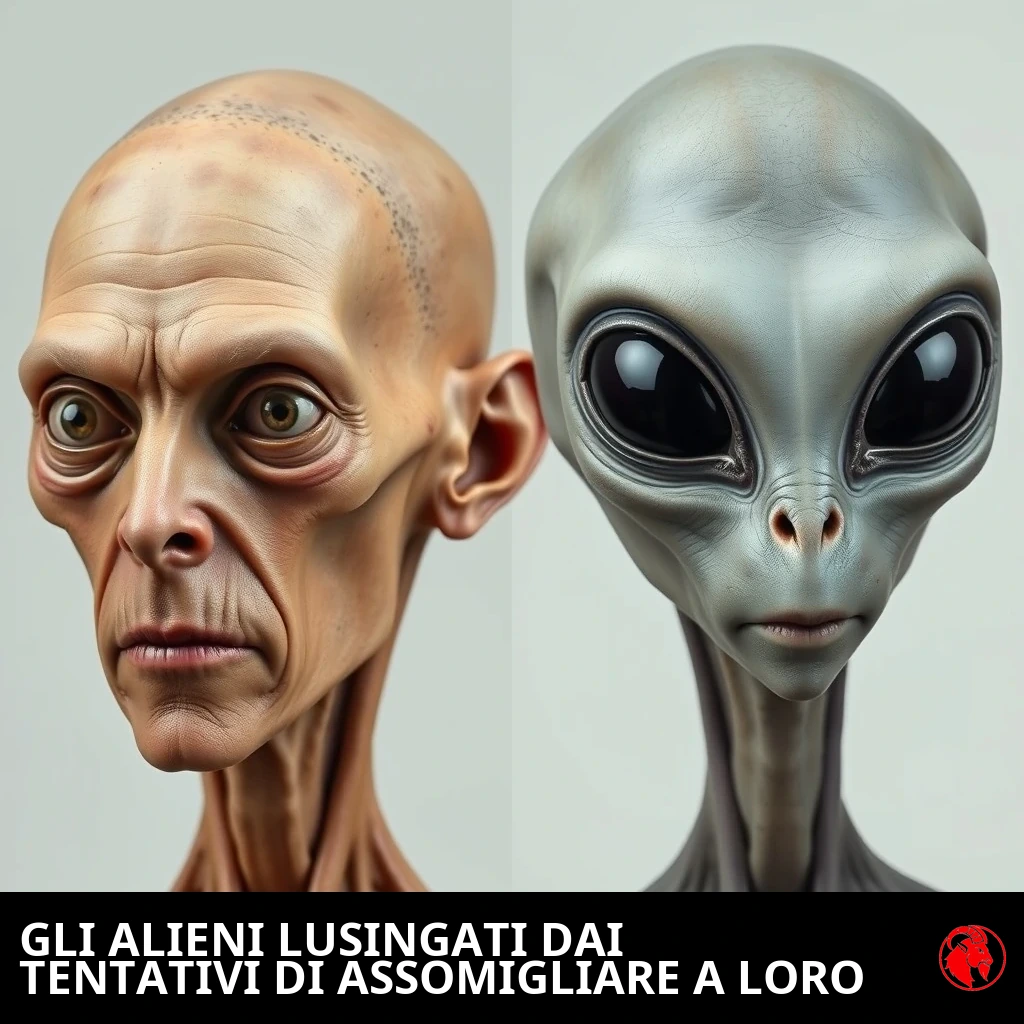 Confronto a met&agrave;: un umano emaciato con guance scavate da Ozempic e una chirurgia fox-eye mal riuscita accanto a un sereno alieno grigio dai grandi occhi. Didascalia: Gli alieni lusingati dai tentativi di assomigliare a loro