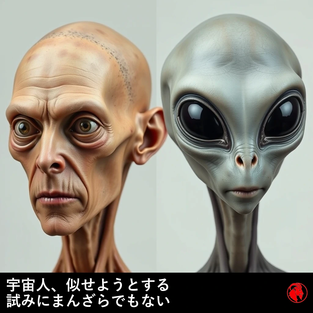 左右の比較。オゼンピック顔で頬のこけた、失敗したフォックスアイ整形の痩せこけた人間と、その隣に佇む、目の大きな穏やかな灰色の宇宙人。キャプション：宇宙人、自分たちに似せようとする努力に満更でもない。