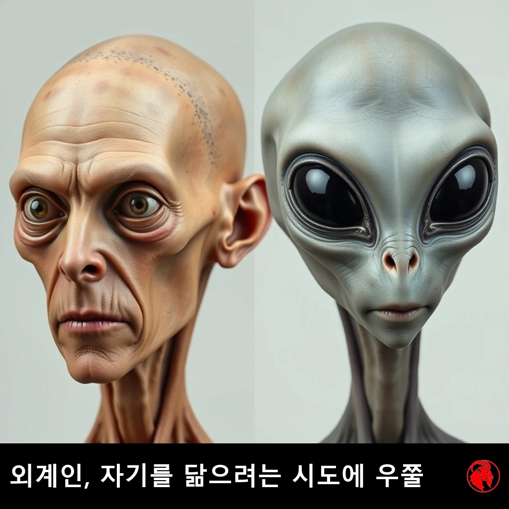 비교 분할 화면: 오젬픽으로 볼이 움푹 꺼지고 여우눈 수술을 망친 수척한 인간 옆에, 큰 눈을 가진 평온한 회색 외계인이 서 있다. 캡션: 자기를 닮으려는 시도에 우쭐해하는 외계인.