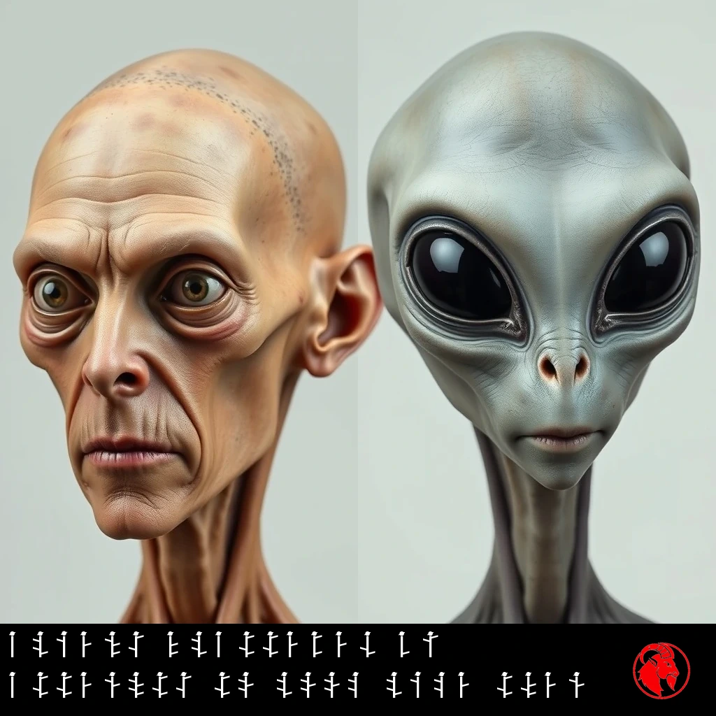 Split comparison: a gaunt human with sunken Ozempic-face cheeks and botched fox-eye surgery beside a serene big-eyed grey alien. Caption: Aliens flattered by attempts to look like them
