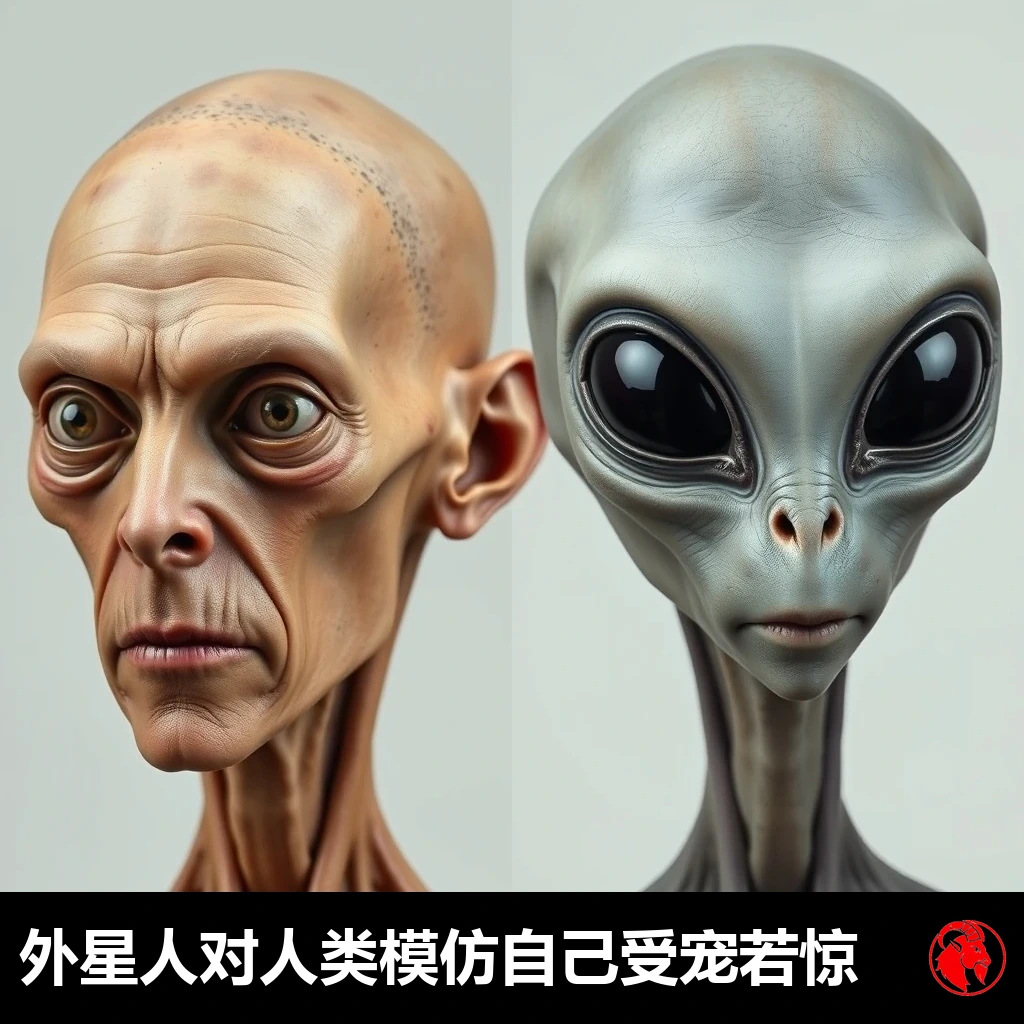 左右对比图：一名形容枯槁、Ozempic 脸颊深陷、狐狸眼手术失败的人类，旁边是一名神态安详、长着大眼睛的灰人。说明文字：外星人对人类竭力模仿它们的样子深感受用。