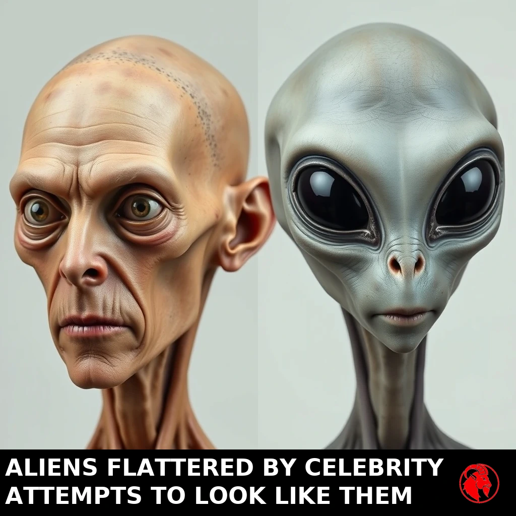 Split comparison: a gaunt human with sunken Ozempic-face cheeks and botched fox-eye surgery beside a serene big-eyed grey alien. Caption: Aliens flattered by attempts to look like them