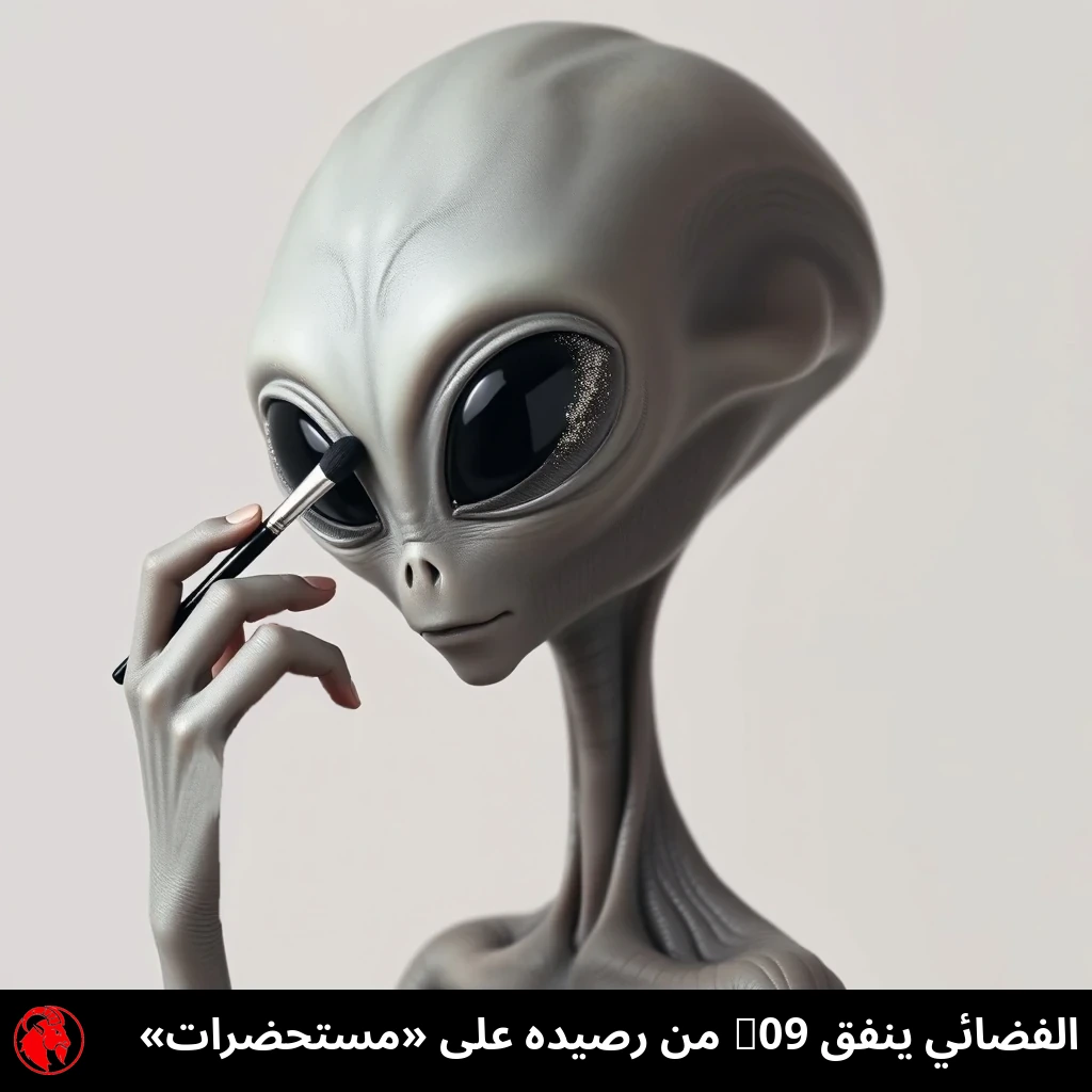 كائن فضائي رمادي كلاسيكي برأس أصلع ضخم وعينين سوداوين هائلتين على شكل لوز، يضع ظلّ عيون لامعاً بفرشاة ماكياج يمسكها بيده الثلاثية الأصابع. التعليق: الكائن الفضائي ينفق 90% من رصيده على «المنتجات».