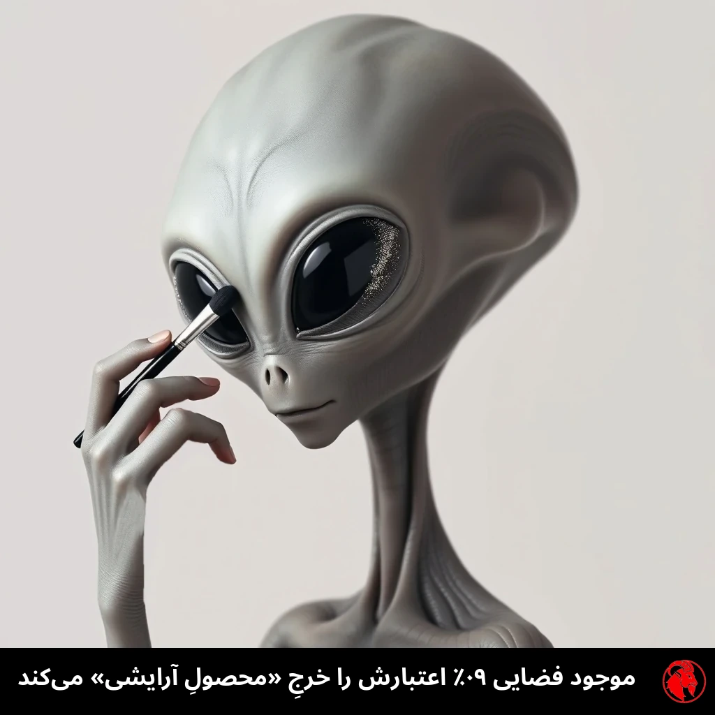 یک بیگانه‌ی خاکستریِ کلاسیک با سرِ کچلِ بزرگ و چشمانِ بادامیِ سیاهِ غول‌آسا، در حالِ کشیدنِ سایه‌چشمِ براق با قلم‌مویی که در دستِ سه‌انگشتی‌اش گرفته است. زیرنویس: E.T. نود درصدِ اعتبارش را خرجِ «محصول» می‌کند