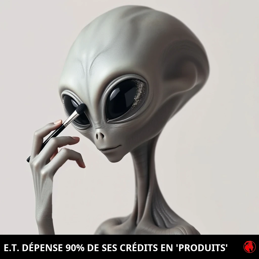 Un alien gris classique, crâne chauve surdimensionné et énormes yeux noirs en amande, applique un fard à paupières scintillant avec un pinceau de maquillage tenu dans sa main à trois doigts. Légende : E.T. dépense 90 % de ses crédits en « produits ».