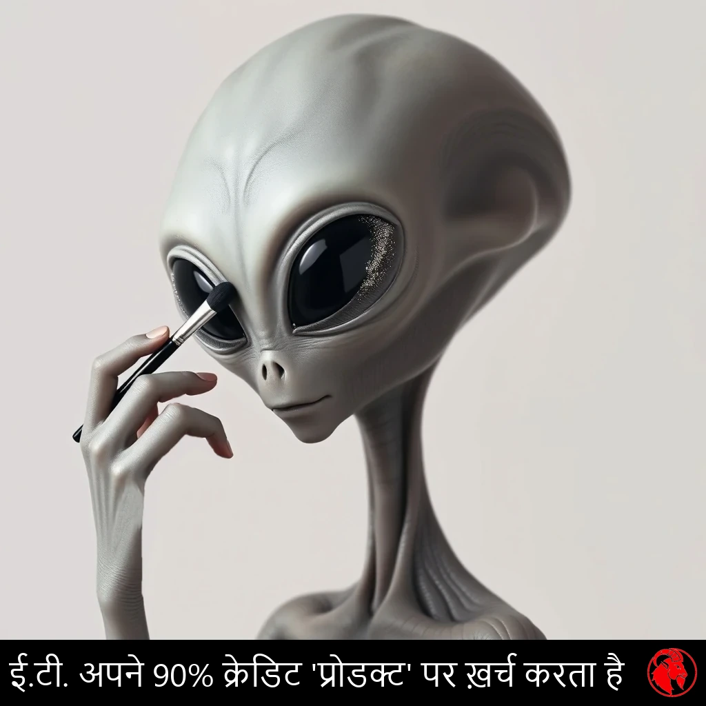 एक क्लासिक धूसर एलियन, बड़े-से गंजे सिर और विशाल काली बादाम-सी आँखों वाला, अपने तीन-उँगलियों वाले हाथ में थमे मेकअप ब्रश से चमकीली आईशैडो लगाता हुआ। कैप्शन: E.T. अपने 90% क्रेडिट &lsquo;प्रोडक्ट&rsquo; पर ख़र्च कर देता है।