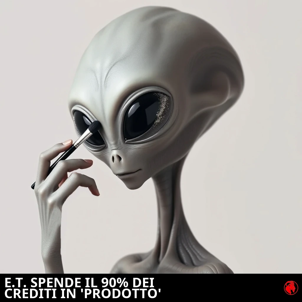Un classico alieno grigio con un'enorme testa pelata e immensi occhi neri a mandorla si applica un ombretto scintillante con un pennello da trucco tenuto nella mano a tre dita. Didascalia: E.T. spende il 90% dei crediti in 'Prodotto'