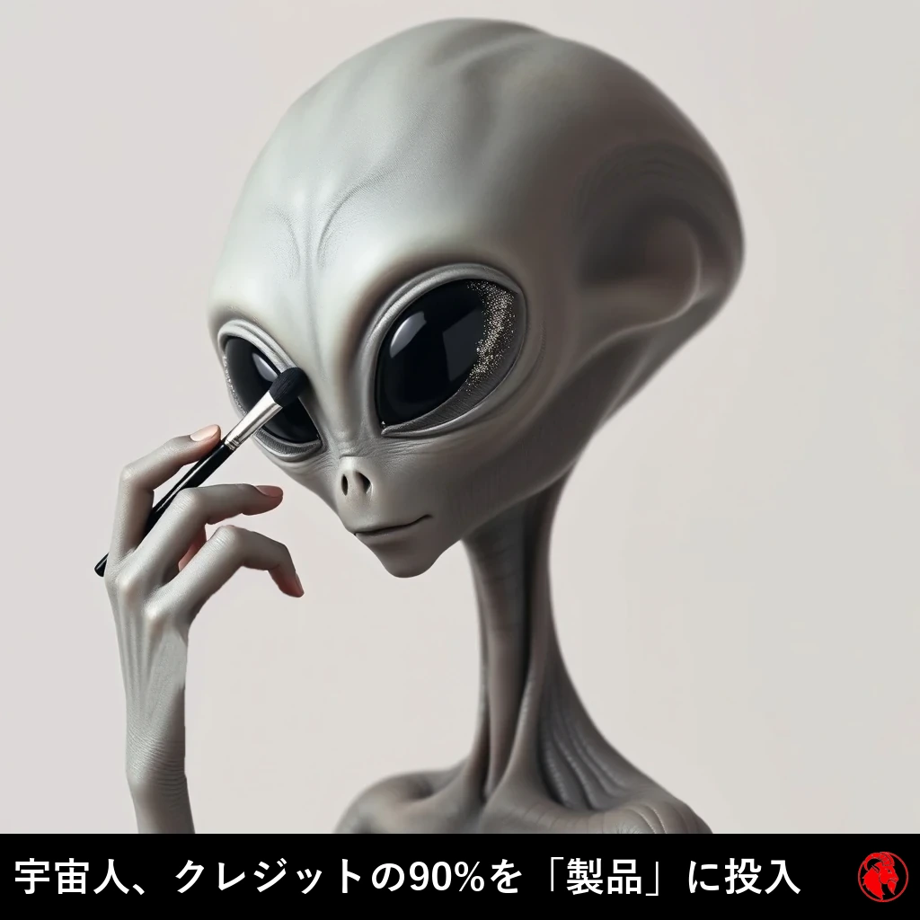 特大の禿げ頭と巨大な黒いアーモンド形の目をした典型的な灰色の宇宙人が、三本指の手にメイクブラシを持ち、きらめくアイシャドウを塗っている。キャプション：地球外生命体、所持クレジットの90%を『コスメ』に。
