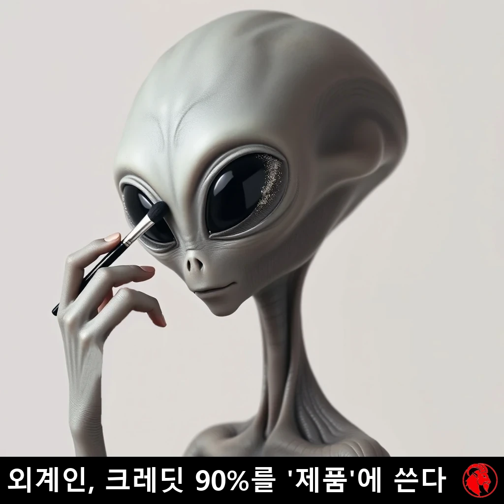 머리가 비정상적으로 크고 대머리이며 거대한 검은 아몬드형 눈을 가진 전형적인 회색 외계인이, 세 손가락에 쥔 화장 브러시로 반짝이는 아이섀도를 바르고 있다. 캡션: E.T.는 크레딧의 90%를 '제품'에 쓴다.