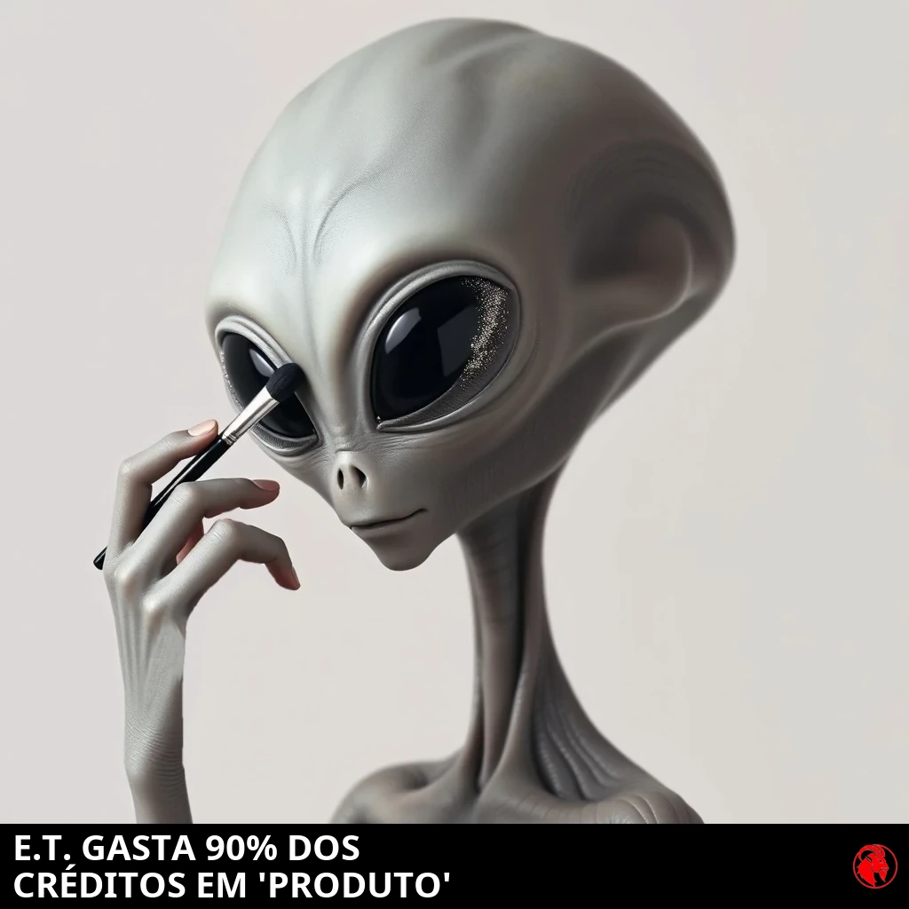 Um clássico alienígena cinza de cabeça careca gigante e enormes olhos pretos amendoados aplicando sombra reluzente com um pincel de maquiagem segurado na mão de três dedos. Legenda: E.T. gasta 90% dos créditos em 'Produto'