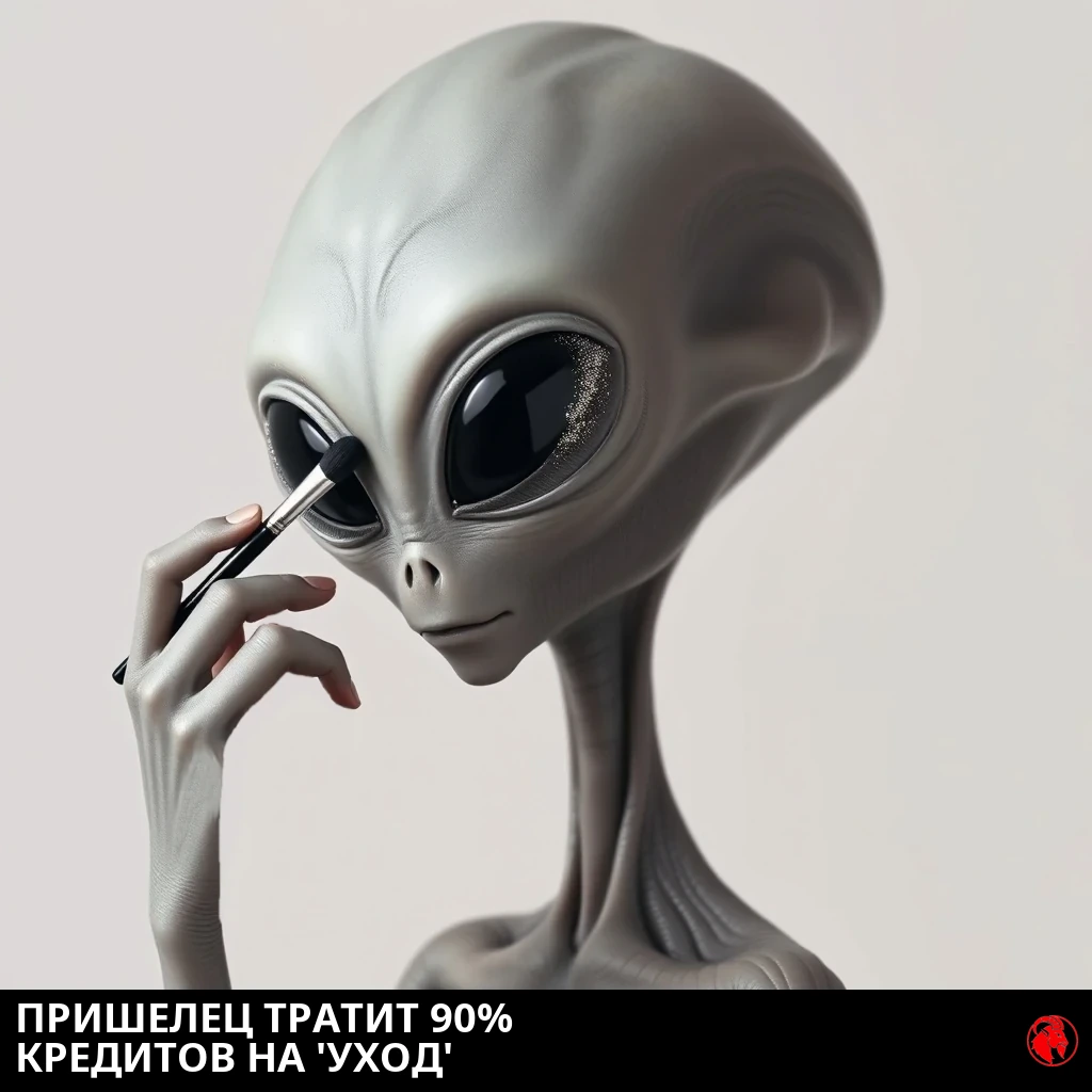 Классический серый инопланетянин с непропорционально большой лысой головой и огромными чёрными миндалевидными глазами наносит мерцающие тени кистью для макияжа, держа её трёхпалой рукой. Подпись: Инопланетянин тратит 90% кредитов на „средства по уходу“.