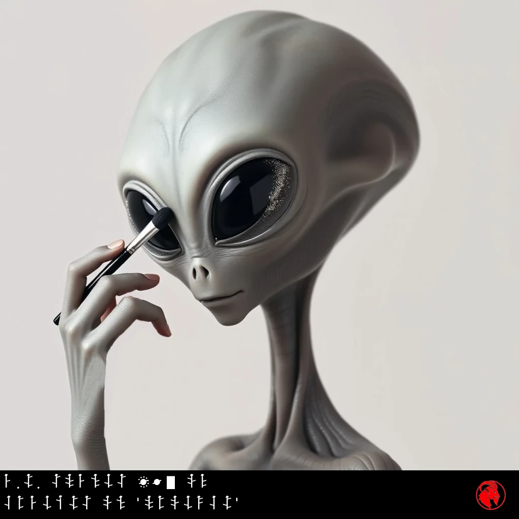 A classic grey alien with an oversized bald head and enormous black almond eyes applying shimmering eyeshadow with a makeup brush held in its three-fingered hand. Caption: E.T. spends 90% of credits on 'Product'