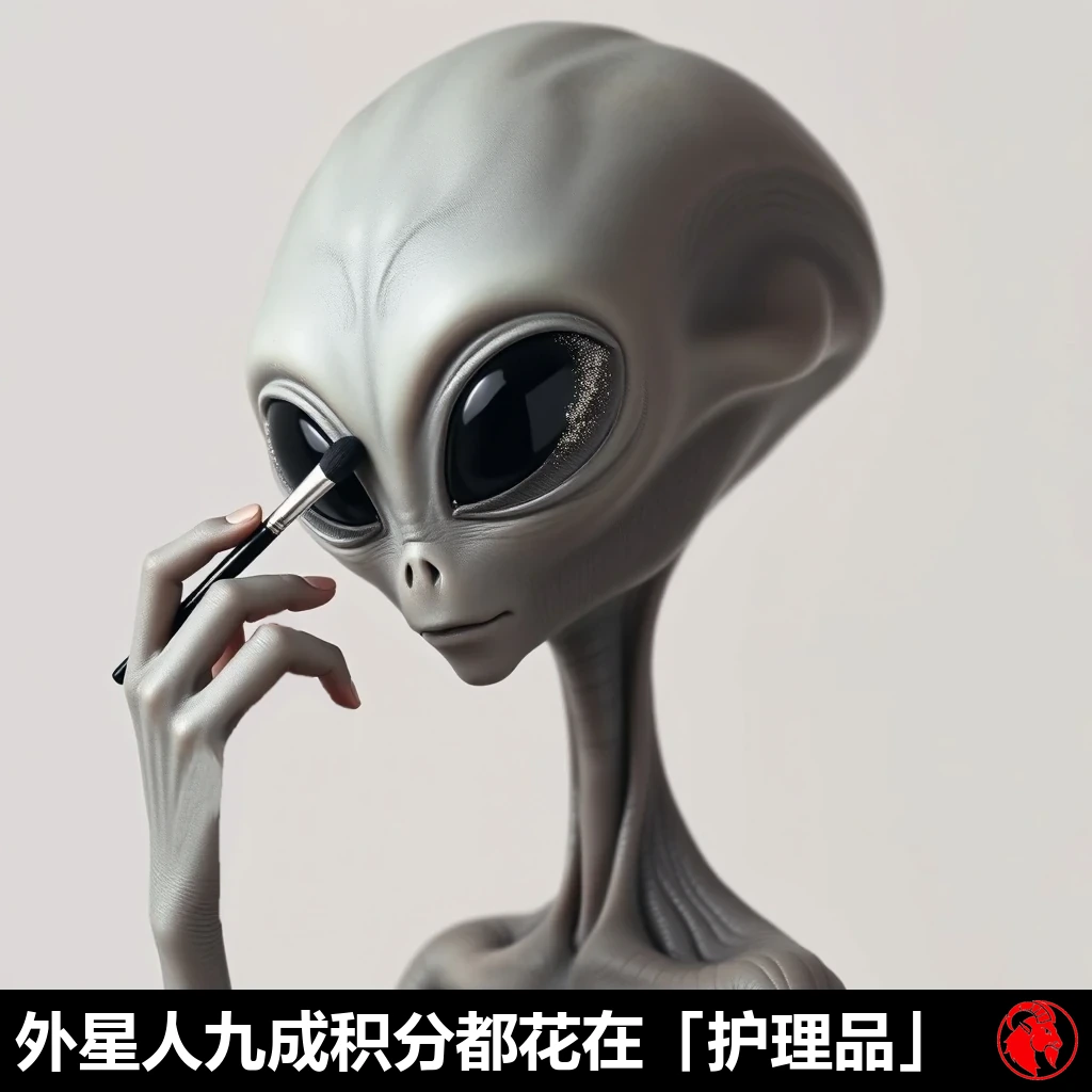 一个经典的灰人，顶着超大号的光头和巨大的黑色杏仁眼，用三指捏着化妆刷，正往眼皮上扫着闪亮的眼影。说明文字：E.T. 把九成的星币都花在了'护肤品'上。