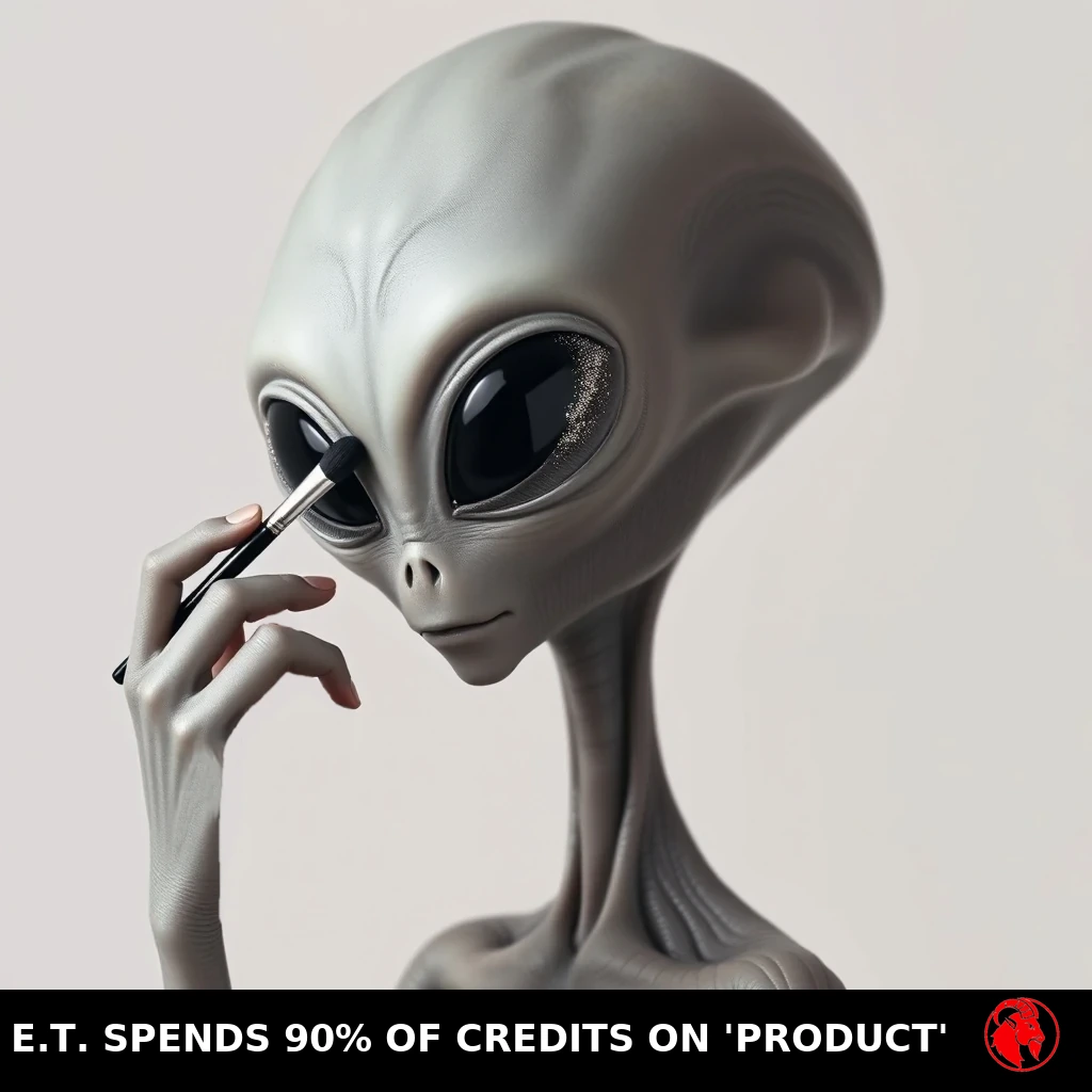 A classic grey alien with an oversized bald head and enormous black almond eyes applying shimmering eyeshadow with a makeup brush held in its three-fingered hand. Caption: E.T. spends 90% of credits on 'Product'