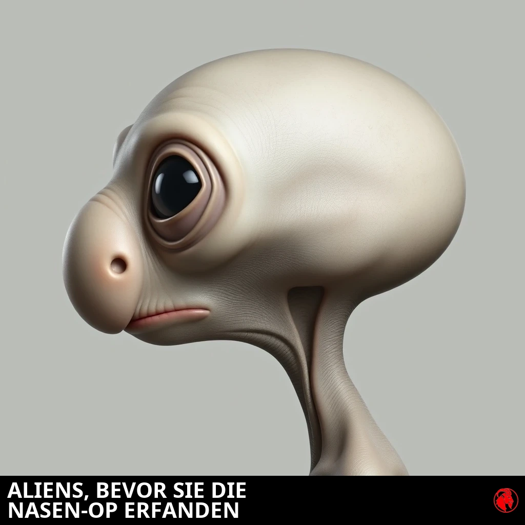 Seitenprofil eines grauen Außerirdischen mit einer riesigen runden, knollenartigen Trollnase. Bildunterschrift: Außerirdische, bevor sie die Nasenkorrektur erfanden.