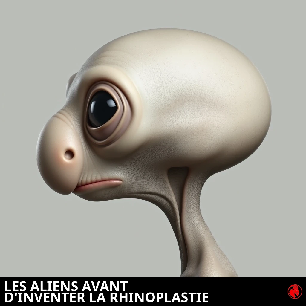 Profil d'un alien gris doté d'un énorme nez bulbeux et arrondi, façon troll. Légende : Les aliens avant qu'ils n'inventent la rhinoplastie.