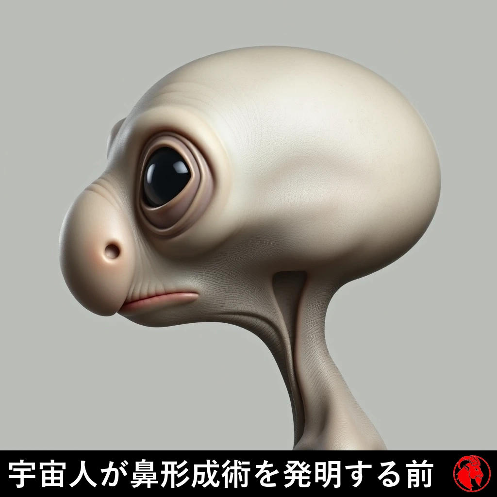 巨大で丸く、こぶのようにふくらんだトロールめいた鼻をした灰色の宇宙人の横顔。キャプション：鼻整形を発明する前の宇宙人。