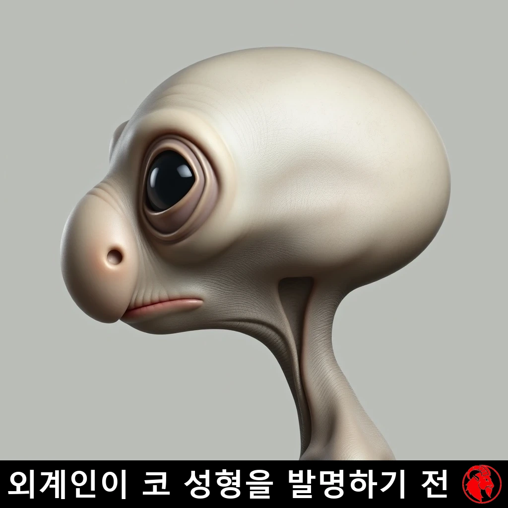 거대하고 둥글넓적하며 트롤 같은 주먹코를 가진 회색 외계인의 옆얼굴. 캡션: 코 성형을 발명하기 전의 외계인.