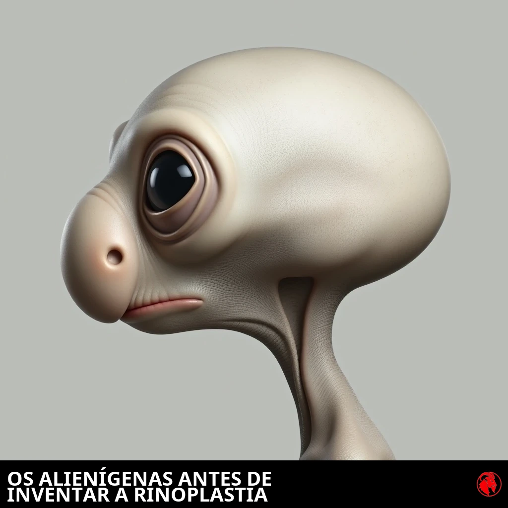 Perfil lateral de um alienígena cinza com um nariz enorme, redondo, bulboso, de troll. Legenda: Alienígenas antes de inventarem a rinoplastia