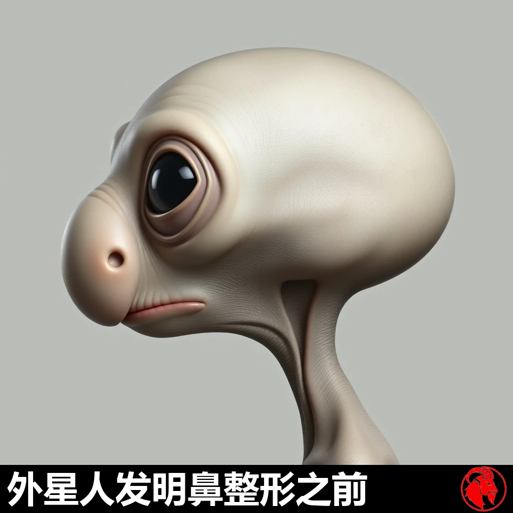 一个灰人的侧脸轮廓，长着一个巨大、圆鼓鼓、像巨魔一样的球状鼻子。说明文字：发明隆鼻术之前的外星人。