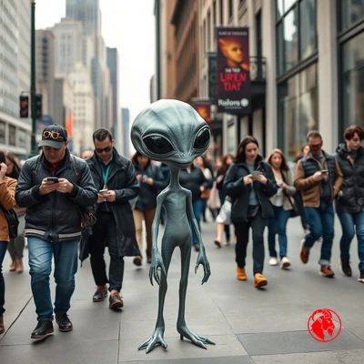 A naked grey alien strolling down a crowded city sidewalk while everyone ignores it, absorbed in their phones