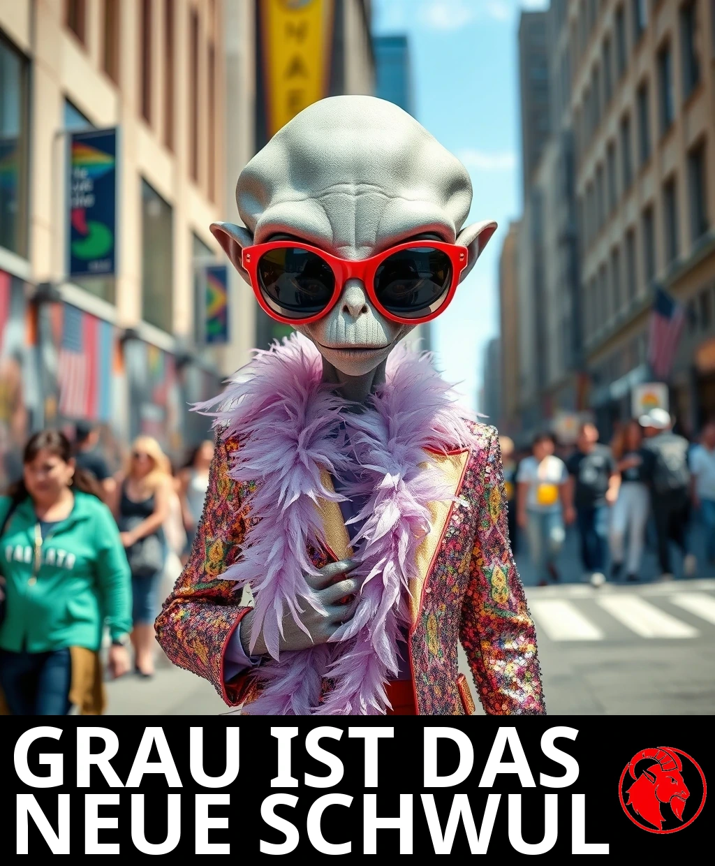 Ein grauer Außerirdischer auf einer Stadtstraße in extravaganter Mode: übergroße rote Sonnenbrille, eine rosa Federboa und eine Paillettenjacke. Bildunterschrift: Grau ist das neue Gay.