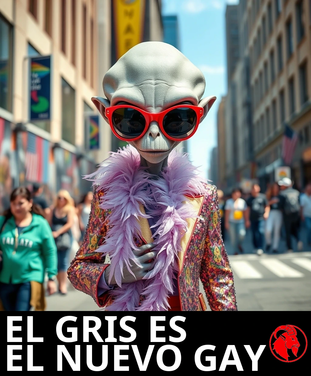 Un alienígena gris en una calle urbana con un look extravagante: gafas de sol rojas enormes, un boa de plumas rosa y una chaqueta de lentejuelas. Pie de foto: Gris es el nuevo gay.