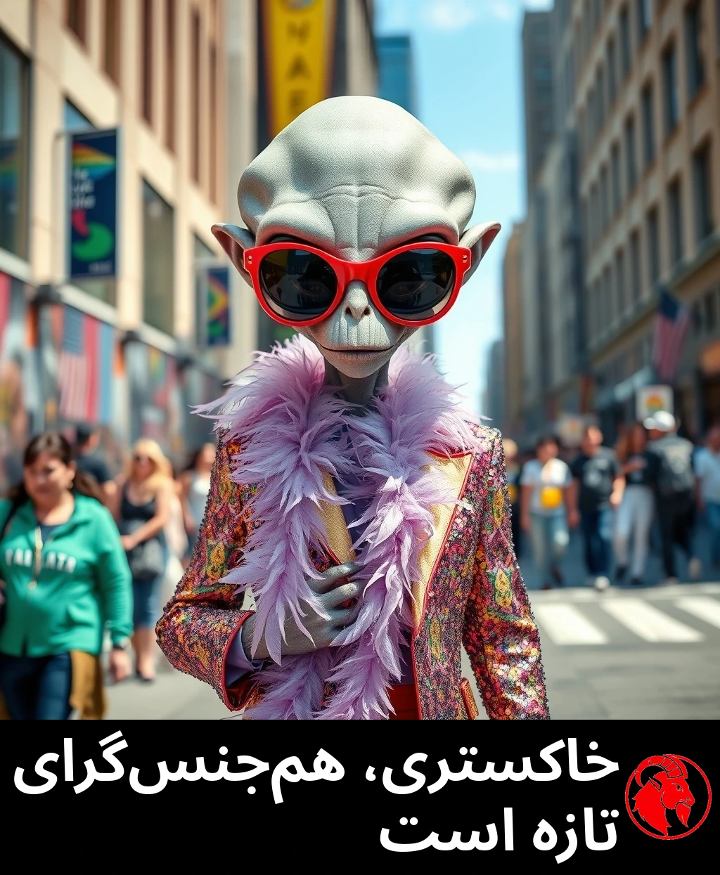 یک فرازمینیِ خاکستری در خیابانِ شهر با ظاهری پرزرق‌وبرق: عینک آفتابیِ قرمزِ گنده، بوآیِ پَرِ صورتی، و کتِ پولک‌دوزی‌شده. زیرنویس: خاکستری، گیِ جدید است.