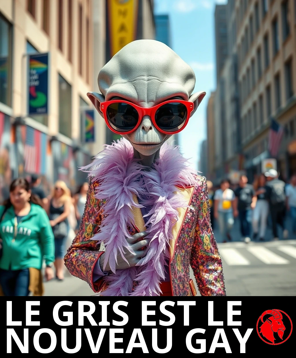 Un alien gris dans une rue de ville, look flamboyant : lunettes de soleil rouges surdimensionnées, boa de plumes rose et veste à paillettes. Légende : Le gris est le nouveau gay.
