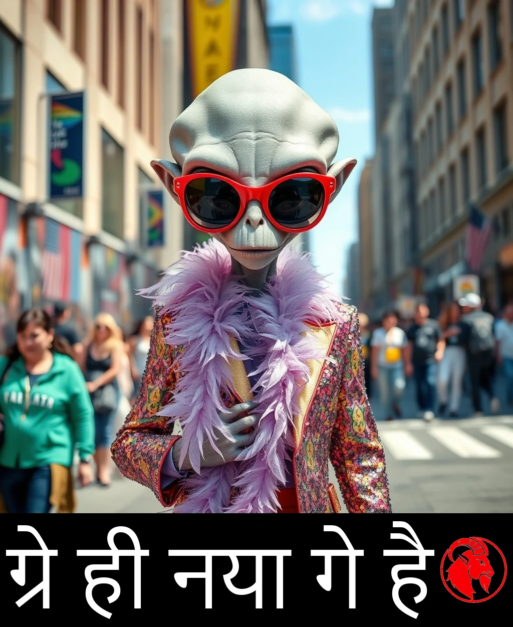 शहर की सड़क पर एक धूसर एलियन भड़कीले फ़ैशन में: बड़ा-सा लाल चश्मा, गुलाबी पंखों वाला बोआ, और चमकीली सेक्विन जैकेट। कैप्शन: धूसर ही अब नया गे है।